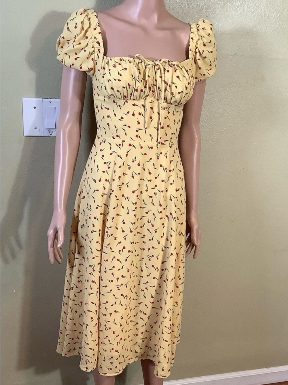 Women Yellow Floral Puff-Sleeve Midi Dress  - Size XS